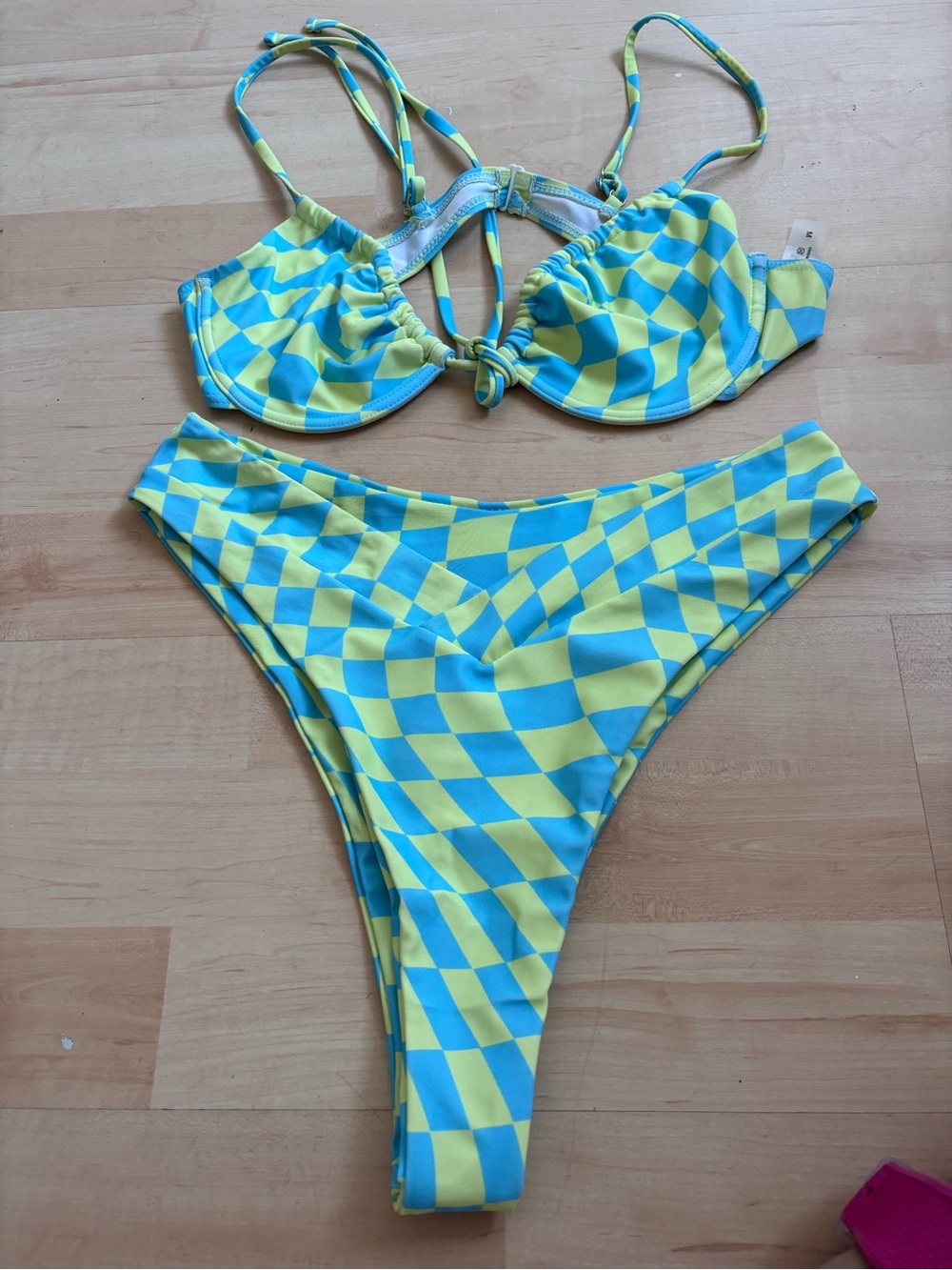 Aurelle Yellow and Blue Checkerboard Bikini Set Medium